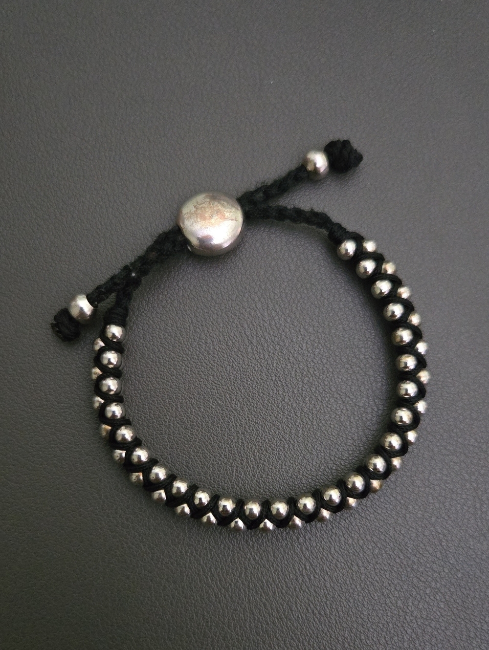 Adjustable Black Macrame Bracelet with Silver Beads